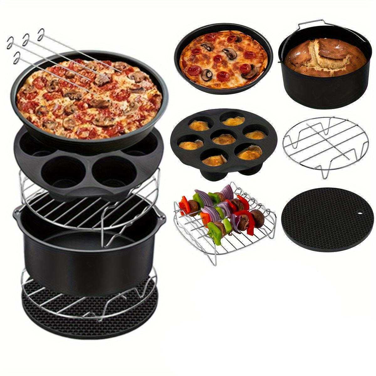 Air fryer accessories kit with racks, pans and skewers on a kitchen counter