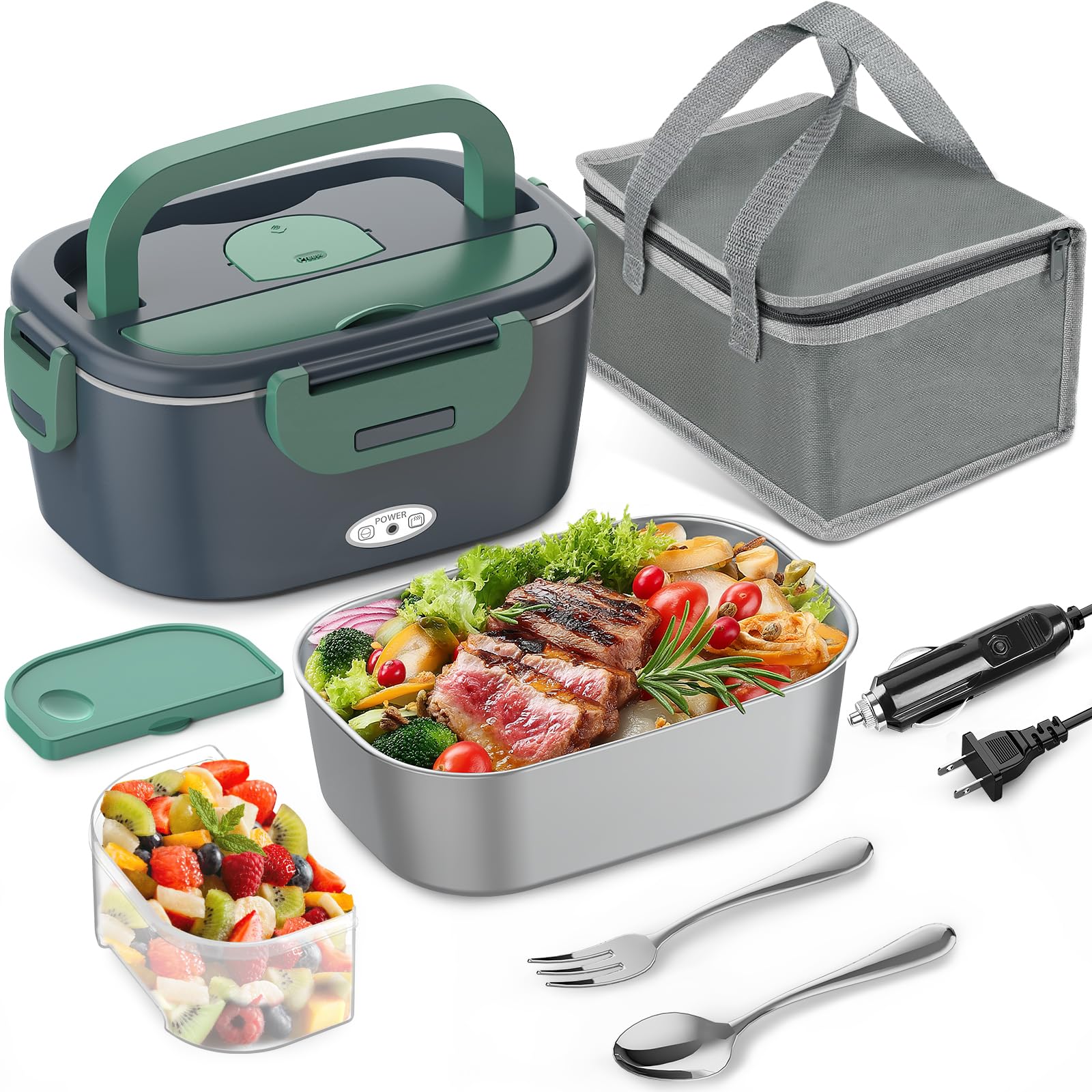 Electric heated lunch box with stainless steel container open on an office desk
