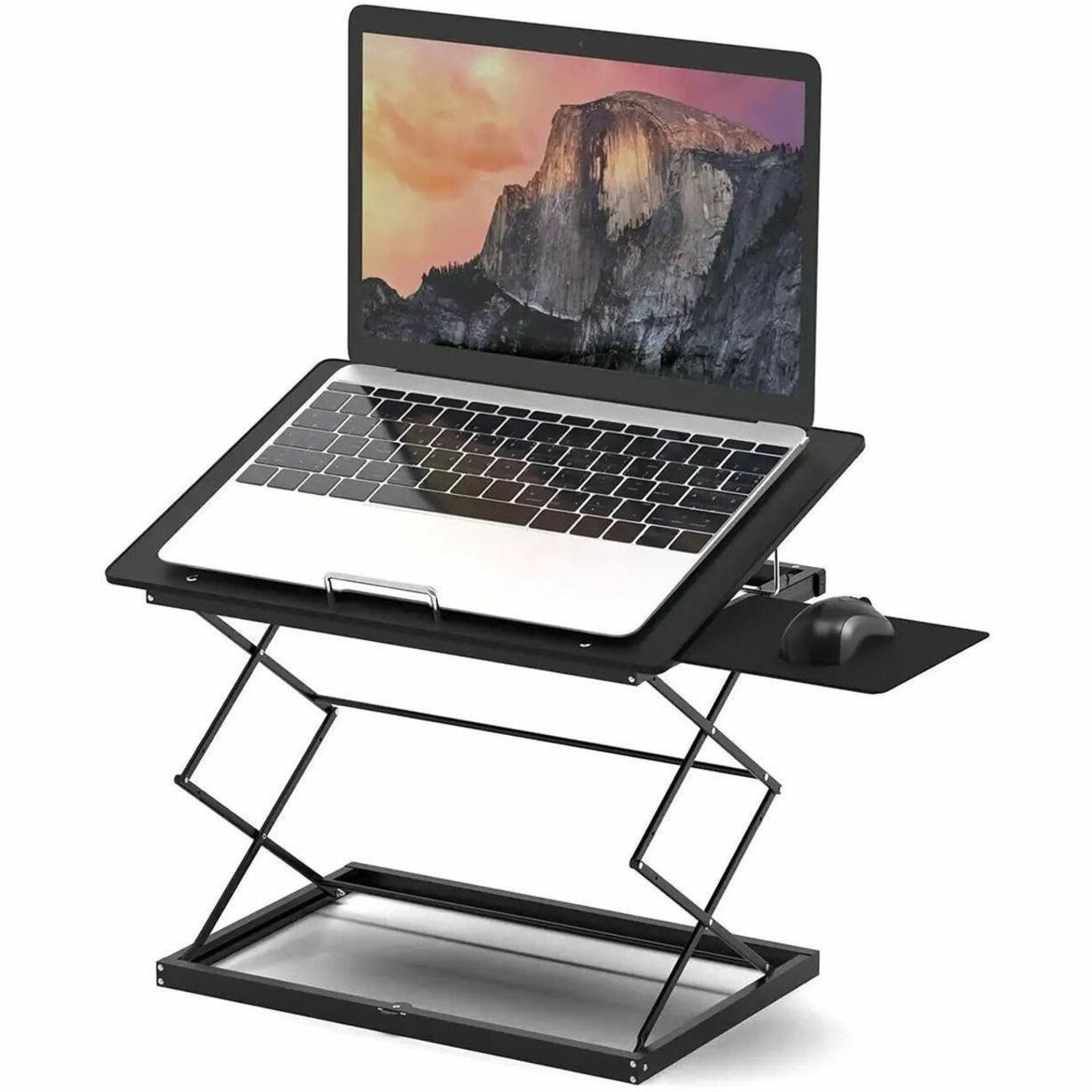 Aluminum ergonomic laptop stand holding a laptop at eye level on a desk