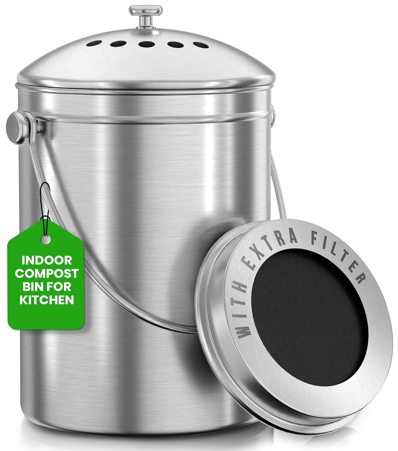 Stainless steel countertop compost bin with lid in a modern kitchen