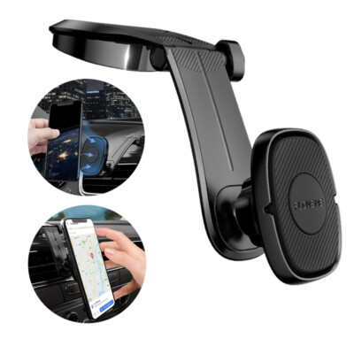Magnetic phone car mount holding a smartphone on a car dashboard