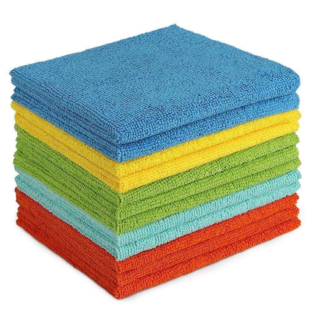 Stack of colorful microfiber cleaning cloths for household cleaning