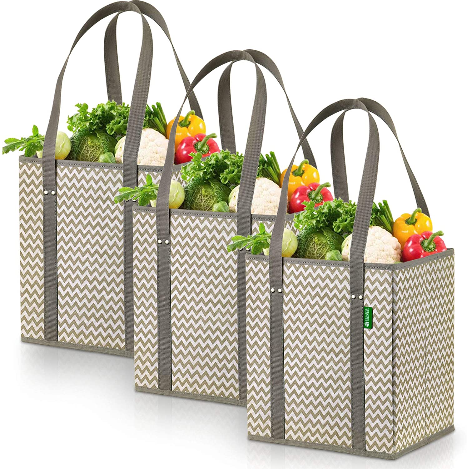 Set of colorful reusable grocery tote bags folded and ready for shopping