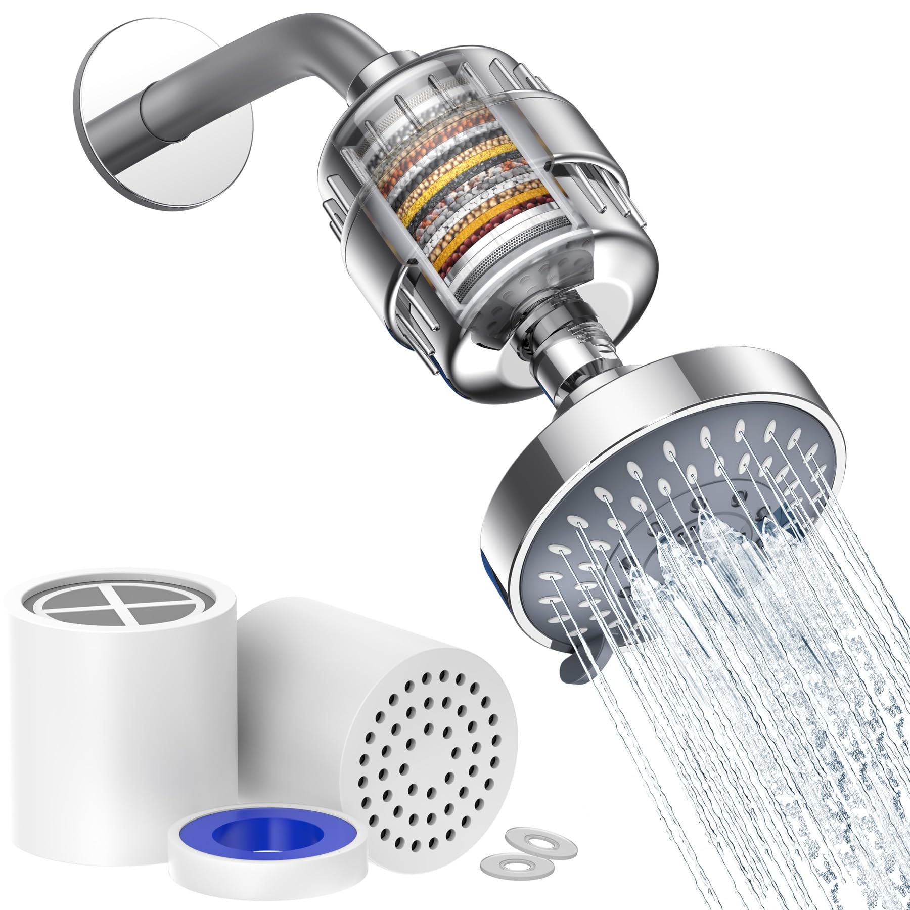 Filtered shower head spraying clean water in a modern bathroom